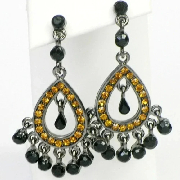 Fancy Design Metallic Black Dangling Earrings with Sparkly Orange Rhinestones - Picture 1 of 3